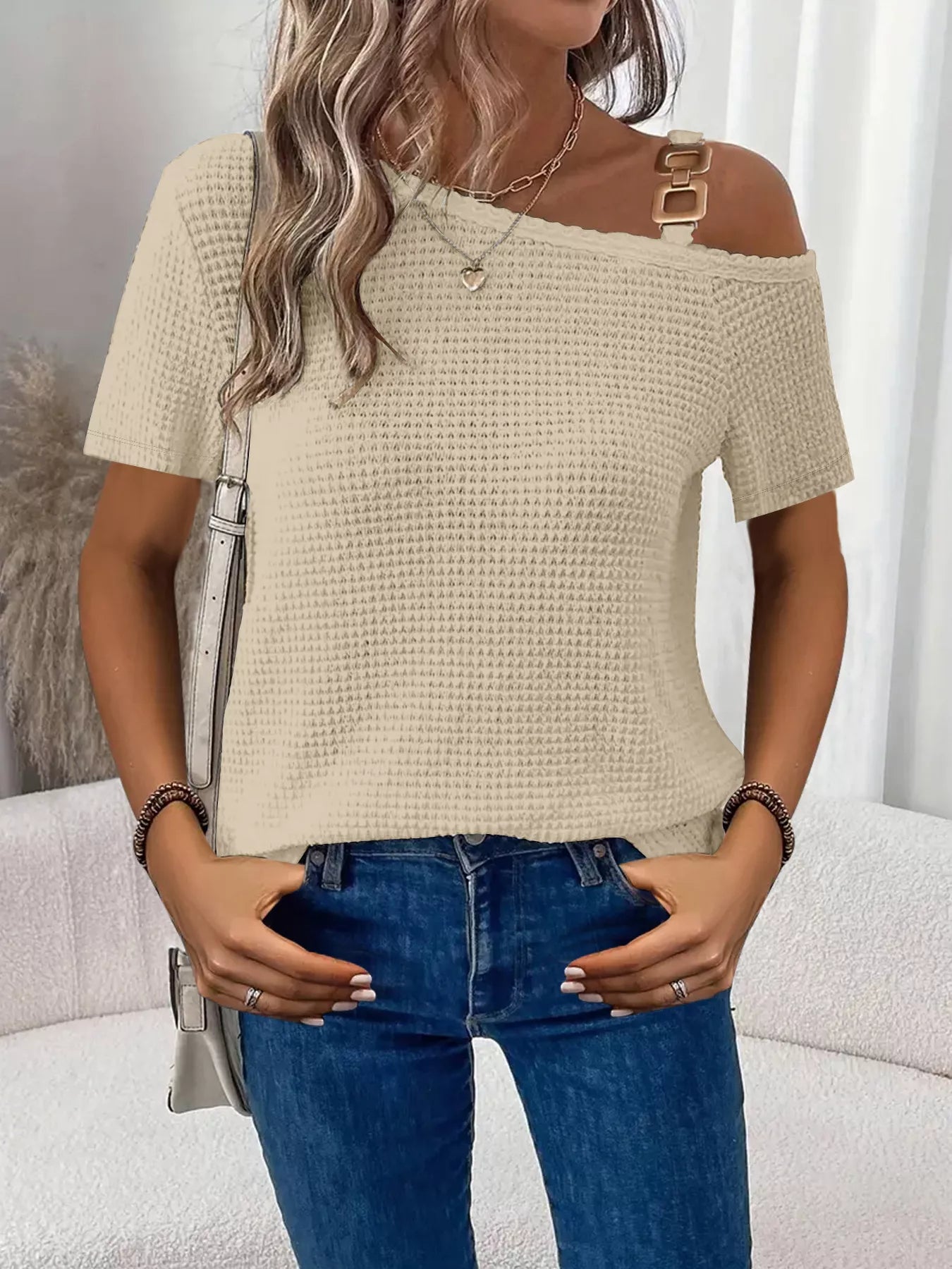 Chain Detail Waffle Knit One Shoulder T Shirt