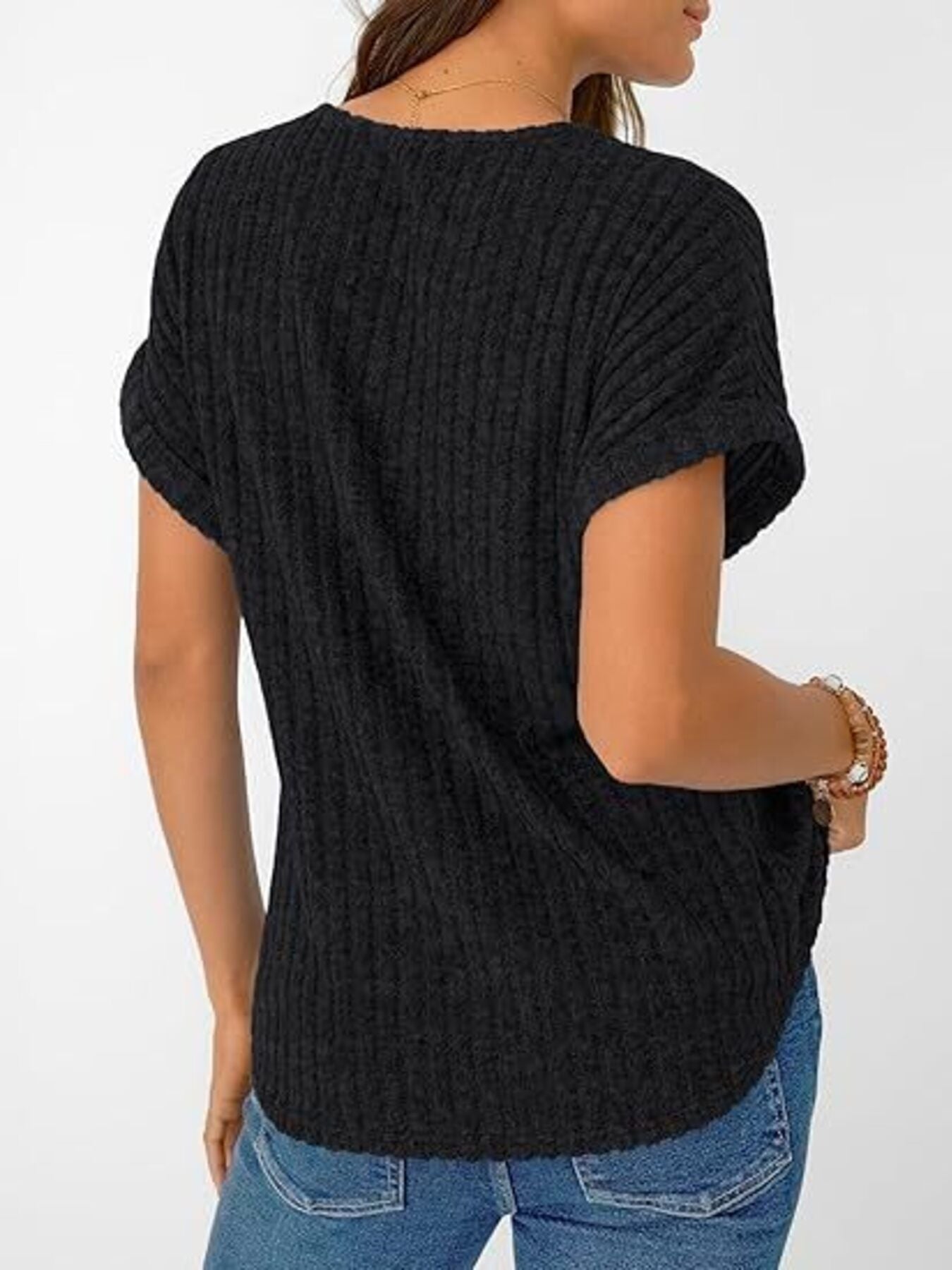 Ribbed Knit V Neck Relaxed Fit T Shirt