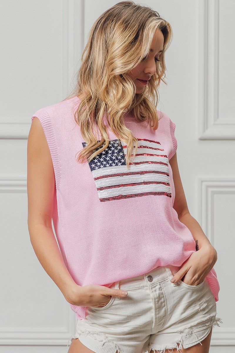 American Flag Sequins Patch Sleeveless Pink Knit Top