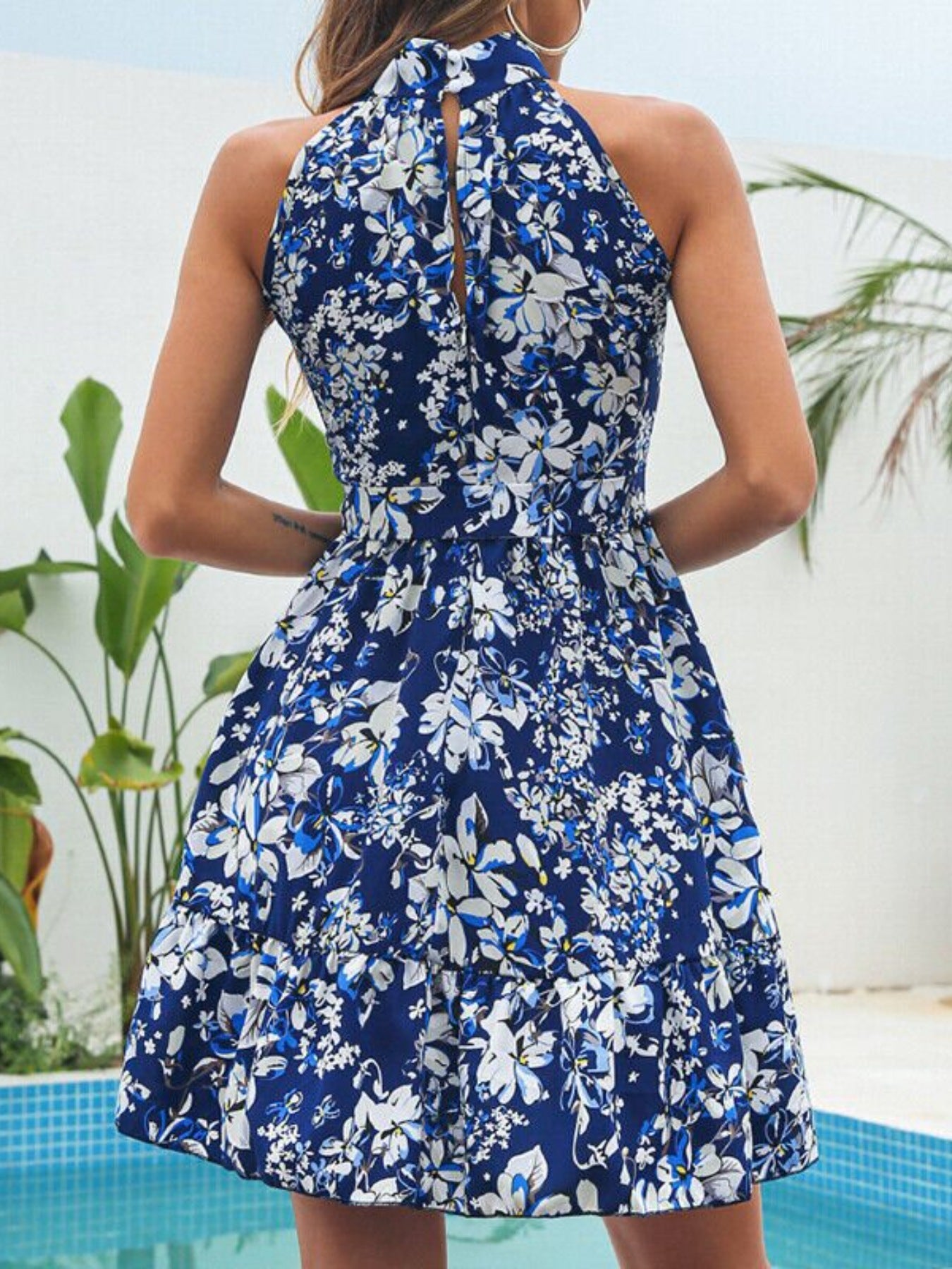 Floral Tie Waist Halter Neck Ruffle Mini Dress