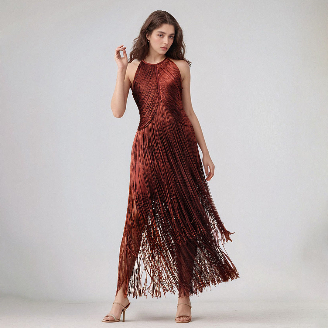 Design Tassel Sleeveless Waist Tight Bandage One Piece Dress Ladies Party Stage Performance Dress Women Clothing