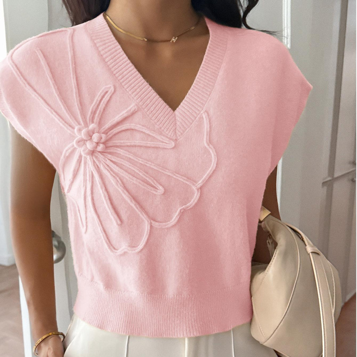 Women Clothing Autumn Winter Casual Vacation Deep V Plunge Neck Solid Color Sweater with Short Sleeves