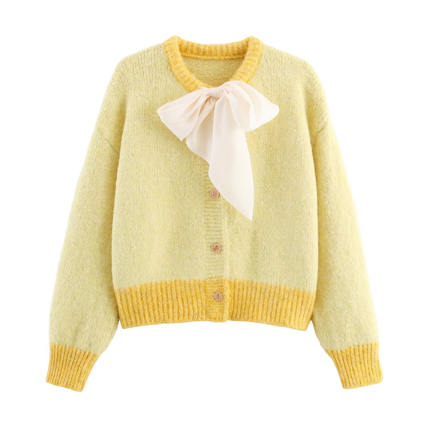 Women Clothing Fall round Neck Long Sleeve Bowknot Decorative Knitwear Coat
