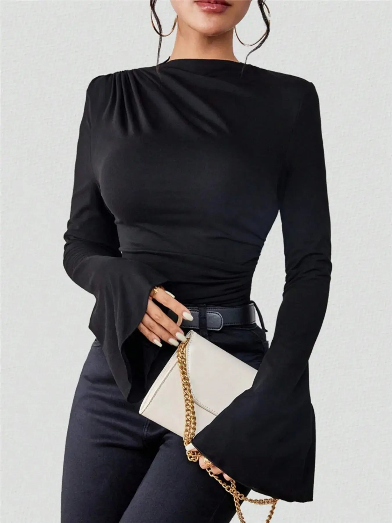 Bell Sleeve Fitted Ruched T Shirt with Mock Neck