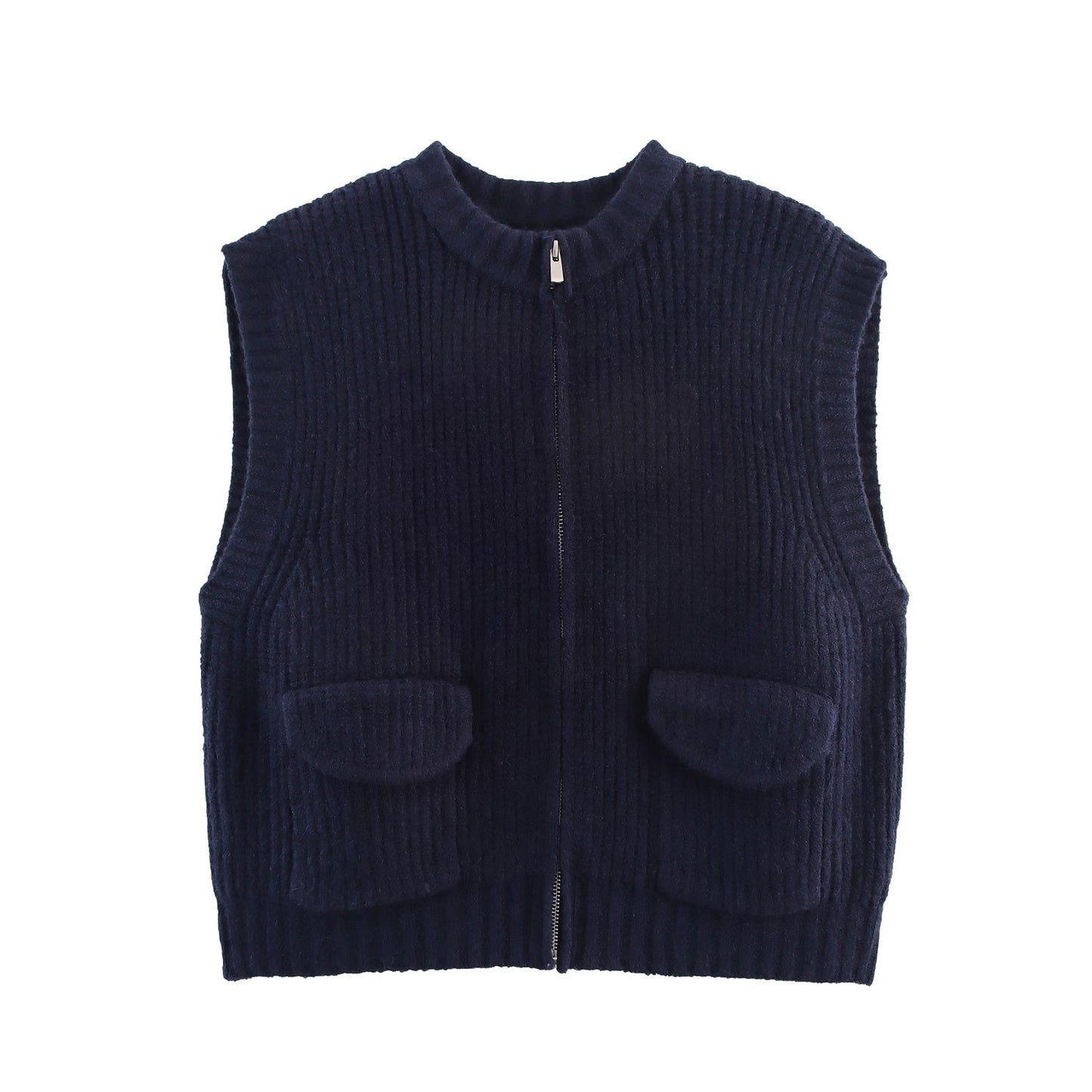 Fall Women Clothing Thick Needle round Neck Pocket Knitted Sweater Zipper Cardigan Vest