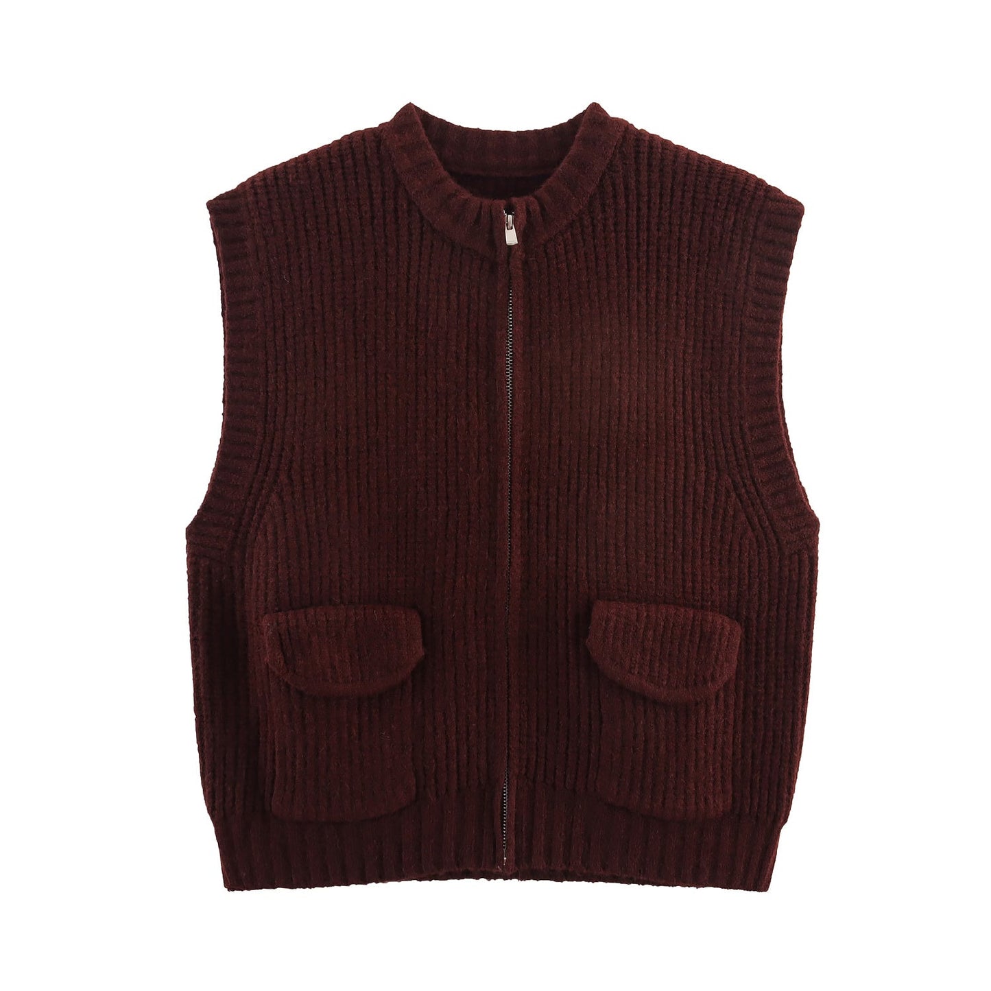 Fall Women Clothing Thick Needle round Neck Pocket Knitted Sweater Zipper Cardigan Vest