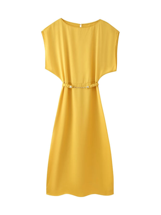 Autumn Women Clothing with Belt Silk Satin Texture Midi Dress for Women