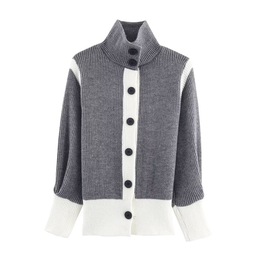 Autumn Women Casual Loose All Matching Color Stitching Knitted Cardigan