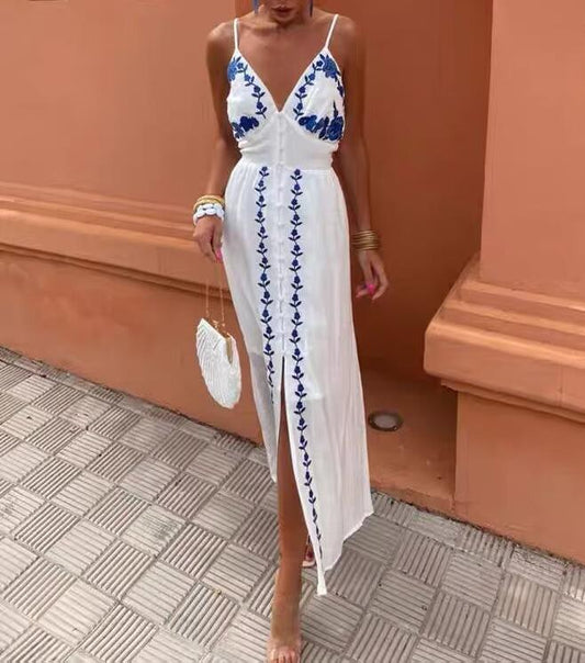 Autumn Embroidery Heavy Industry Sweet Fresh Robe Vacation Beach Vest Maxi Dress