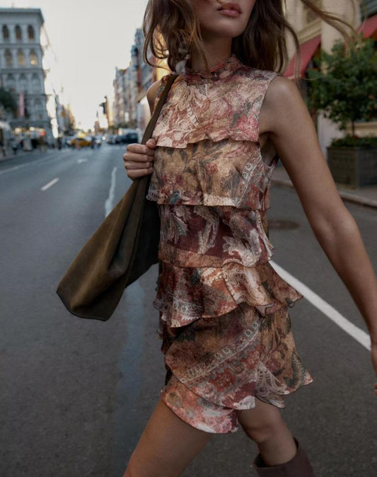 Fall Women Clothing Printing Laminated Decoration Mini Dress