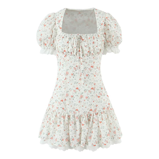 Autumn Gentle Sweet Floral Lace Stitching Printing Dress Tight Waist Puff Sleeve Super Fairy Princess Dress
