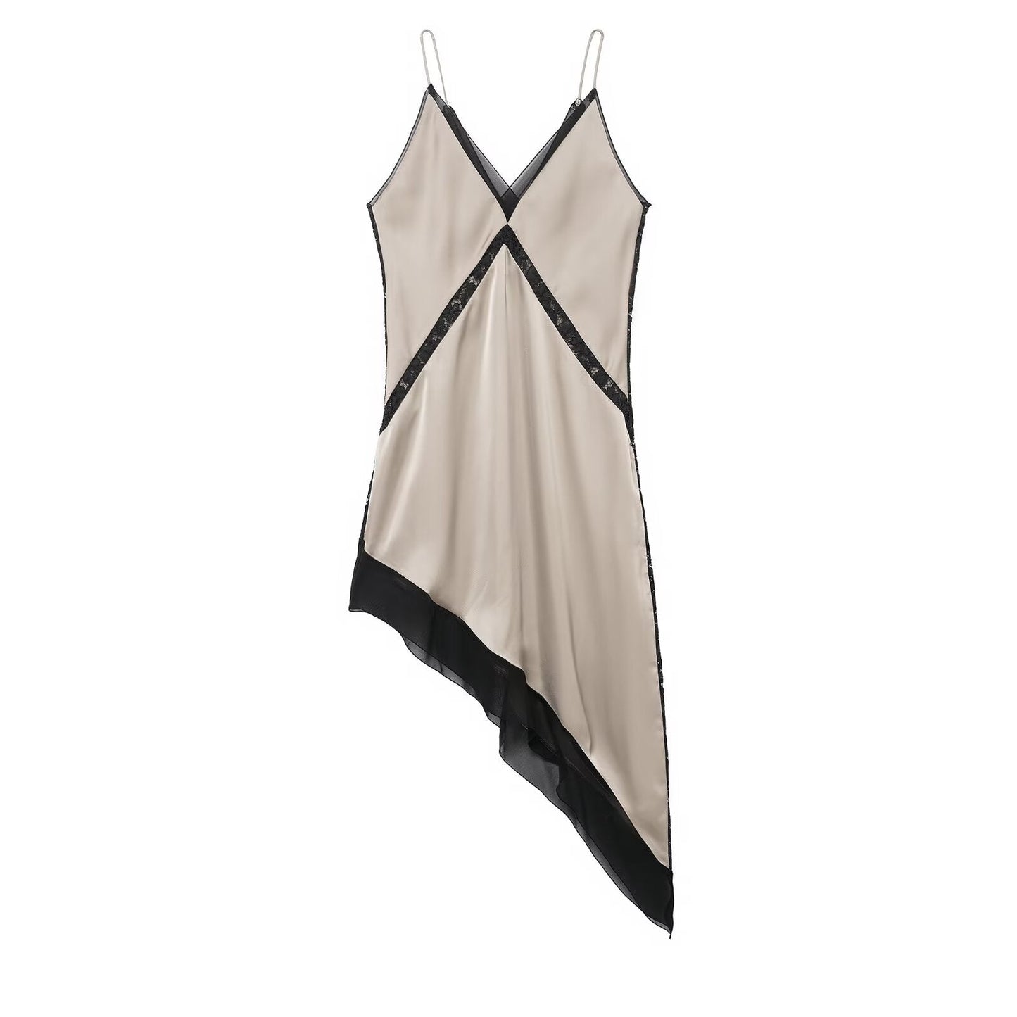 Graceful Satin Asymmetric V neck Strap Midi Dress
