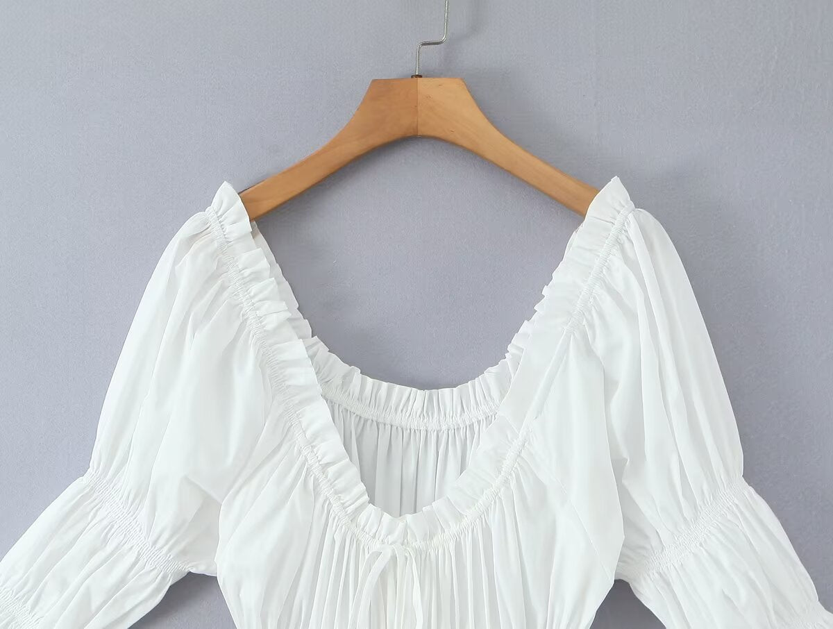 Winter French round Neck Puff Sleeve Chest Lace up Waist Trimming Short Sleeved Stretch Dress Large Swing