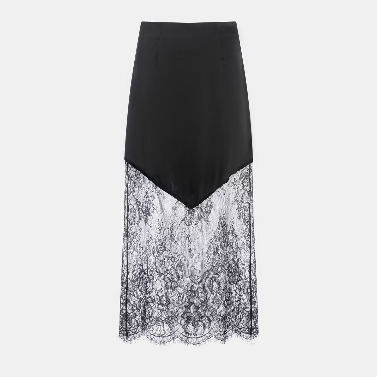 Women Clothing Winter Sexy See through Lace Stitching High Waist Skirt Long Skirt