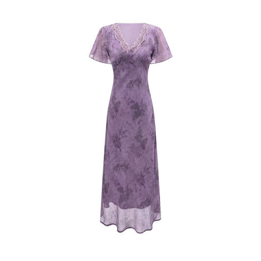 Elegant Slimming V Neckline Pullover Lace Stitching Design Dress Lace up Waist Tight Purple Dress