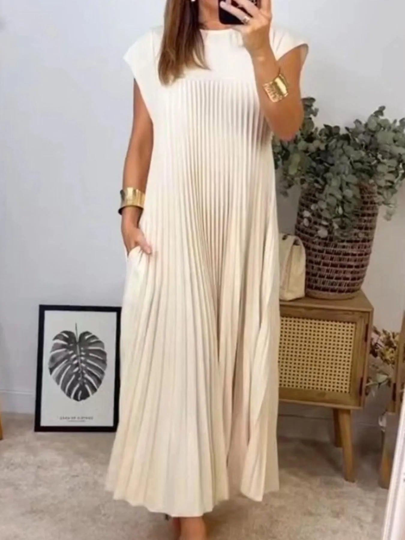 Pleated Round Neck Maxi Dress