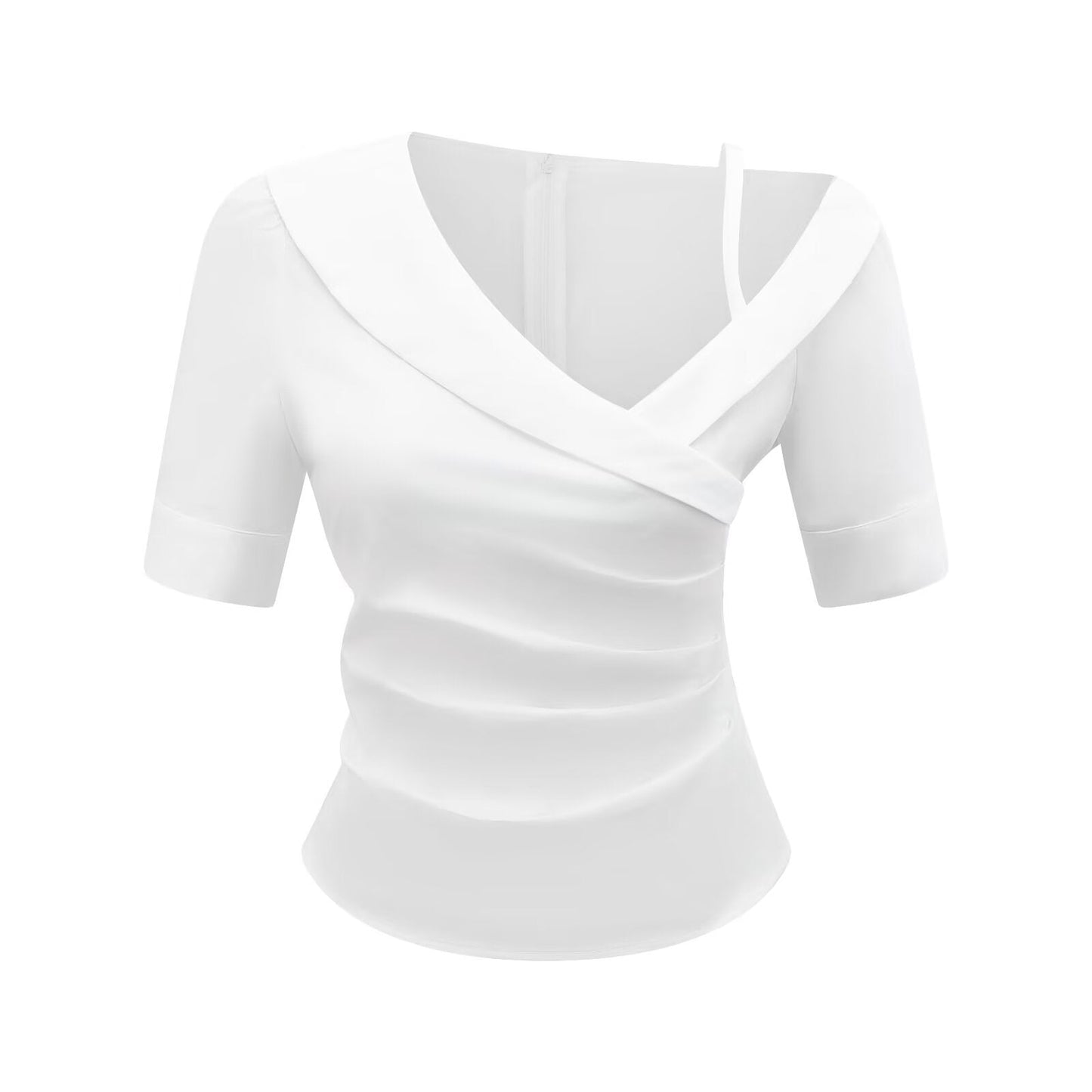 Pleated Design Summer White Short Sleeve Shirt Slim Fit Slim Fit Top