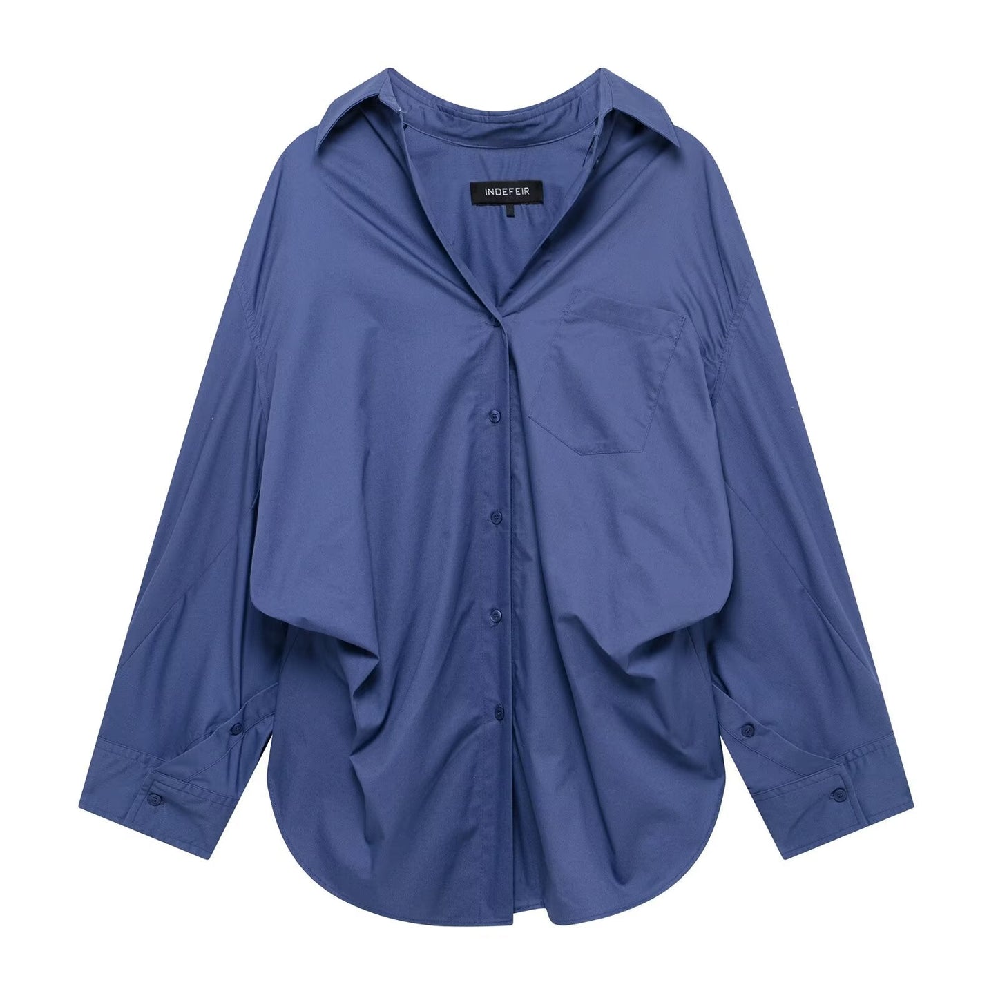 Women Clothing Patchwork Striped Poplin Loose Collared Long Sleeves Shirt