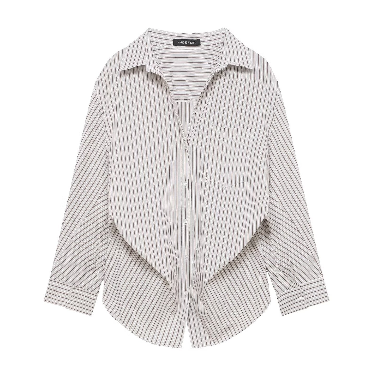 Women Clothing Patchwork Striped Poplin Loose Collared Long Sleeves Shirt