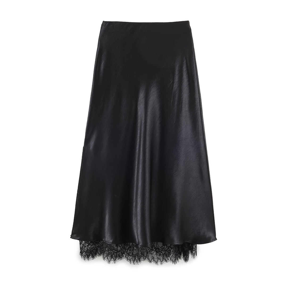 Satin Acetate Lace Patchwork Slit Skirt Long Skirt