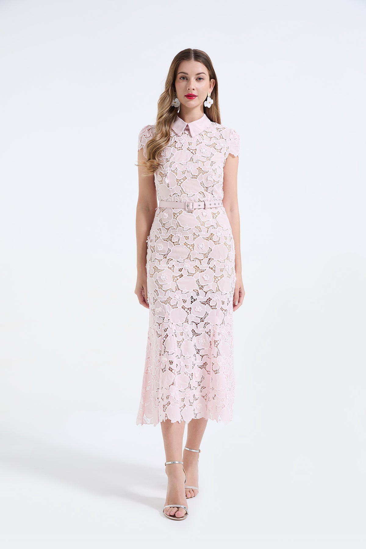 Heavy Industry Lace Three Dimensional Hollow Flower Lace Patchwork Shirt Collar Slim Fish Tail Dress