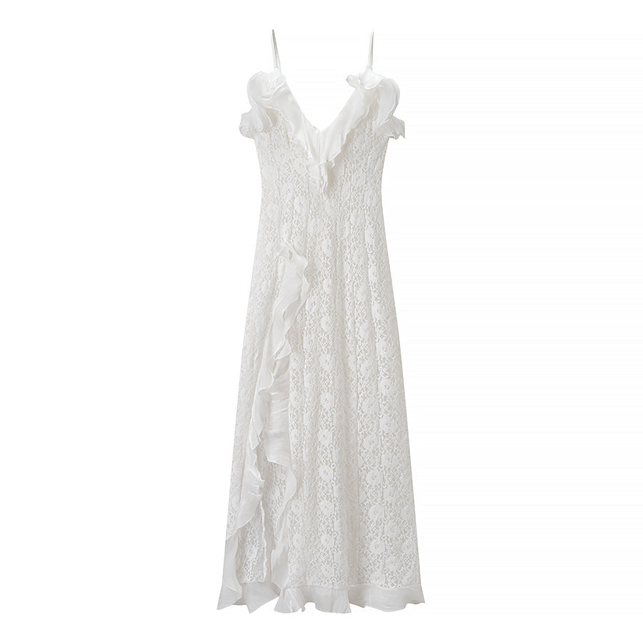 Women Clothing Autumn Sexy V neck Backless Wave Organ Ruffled Spaghetti Straps Dress
