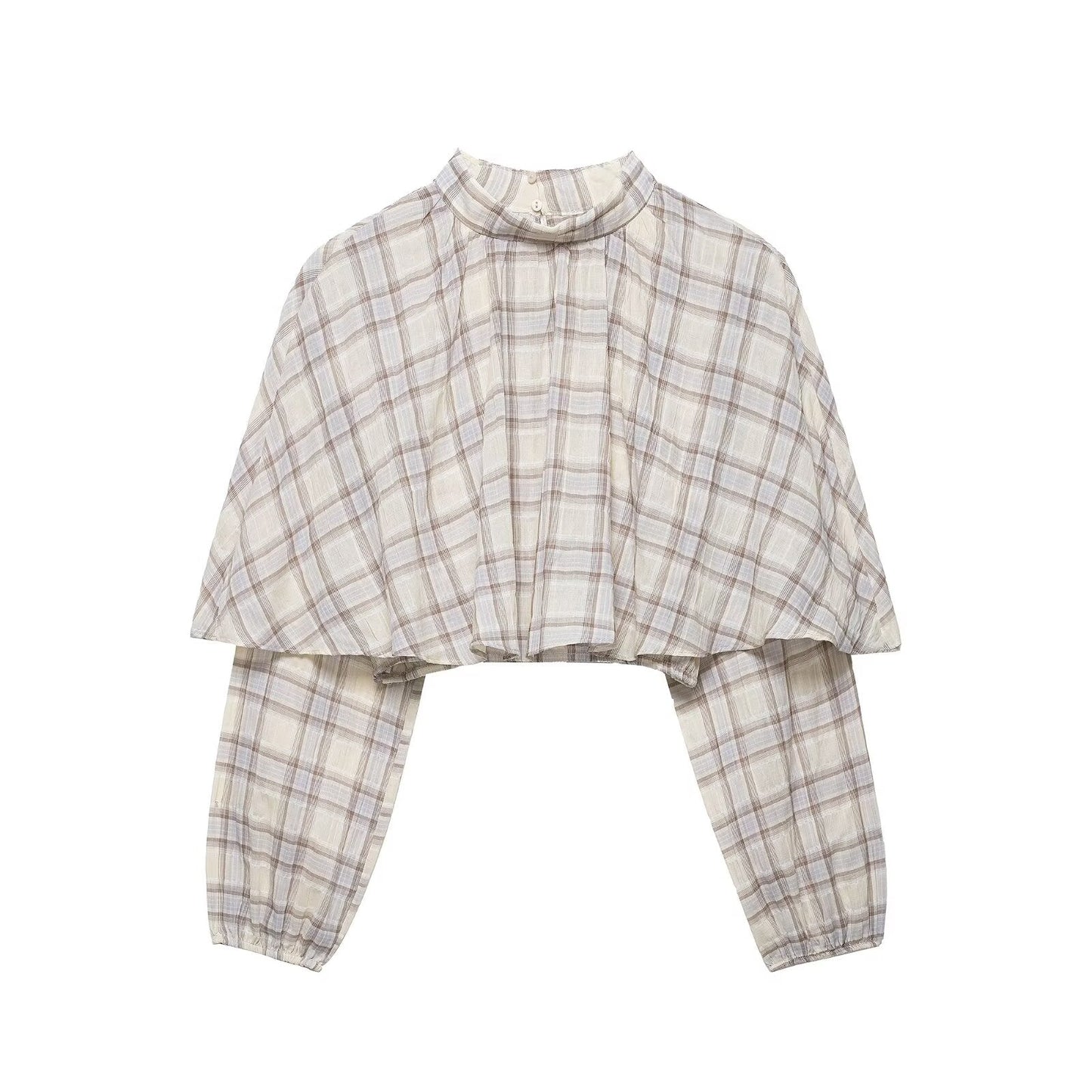 Spring Women Clothing Plaid Laminated Decoration Short Shirt Top