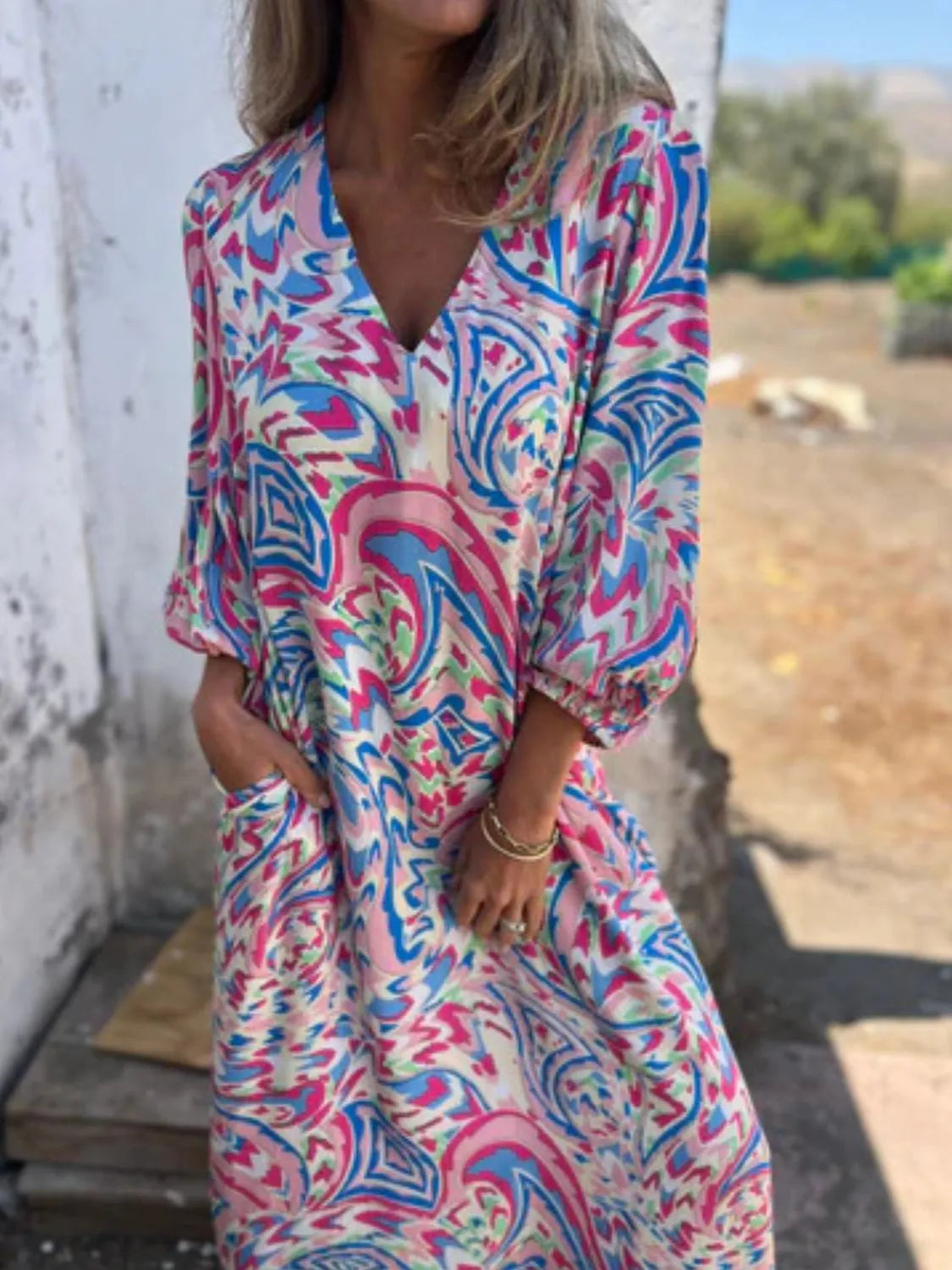 Printed V-Neck Dress with Pockets