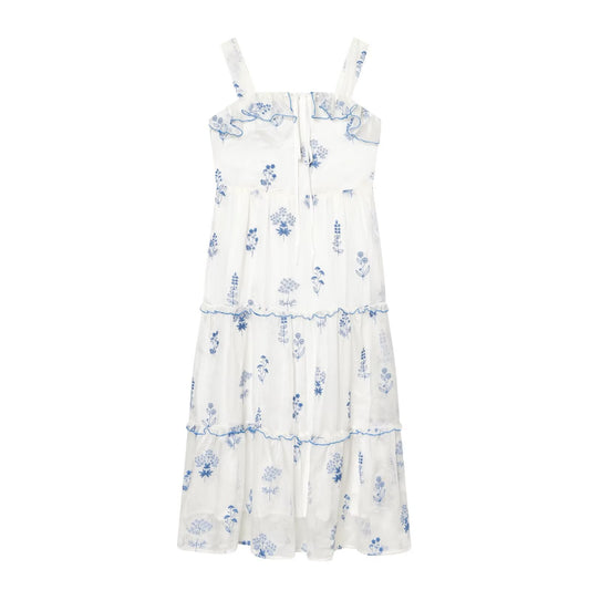 Gentle Sweet Lotus Leaf Lace up Embroidered off the Shoulder Slip Dress Dress Summer Slim Youthful Holiday Midi Dress