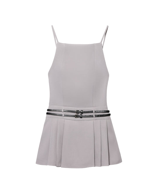 Women Simple Short Gray Belt Backless Pleated Dress