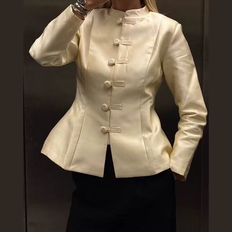 Women Clothing Stand Collar Buckle Satin Jacket Waist Trimming Coat