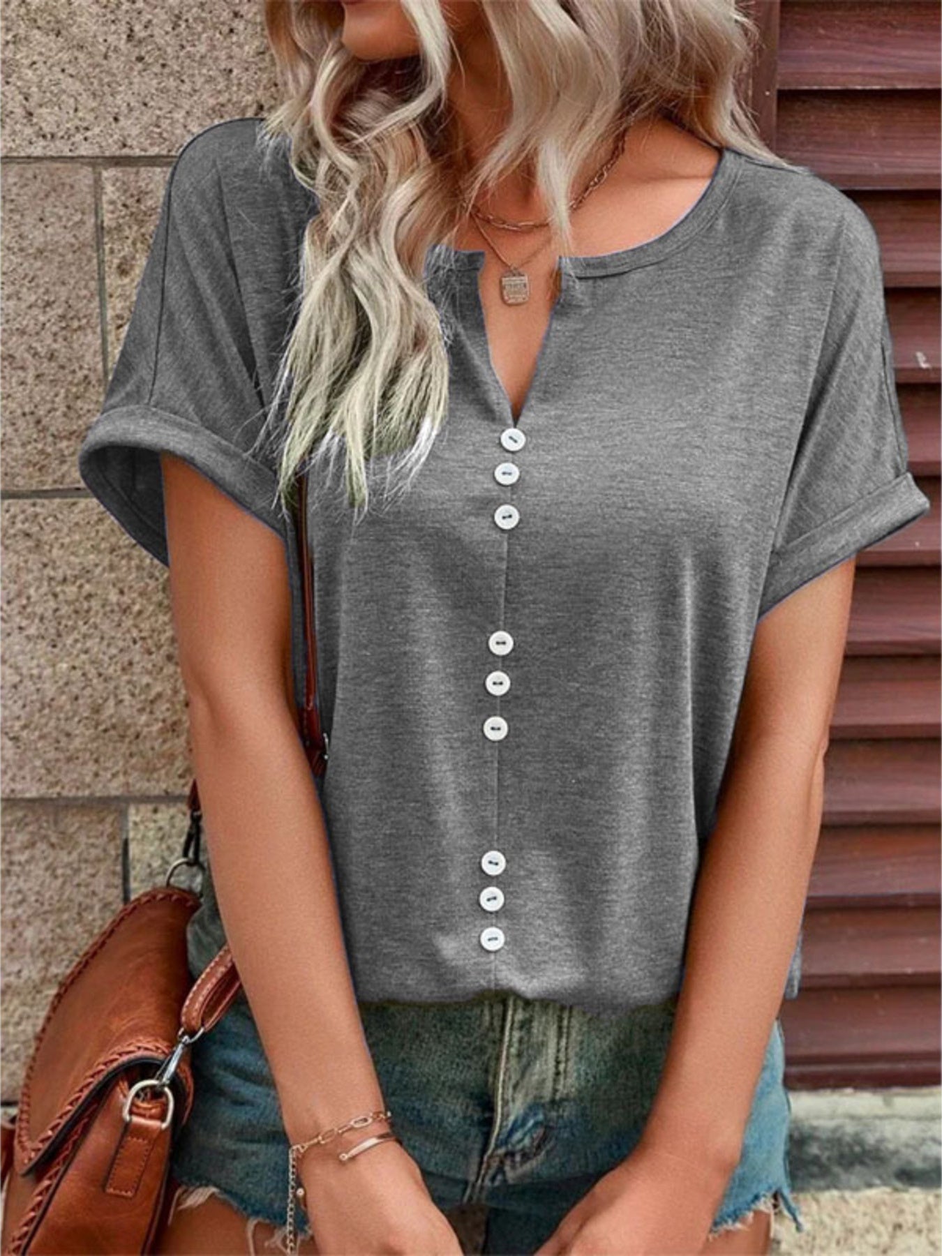 Full Size Decor Button Short Sleeve T Shirt