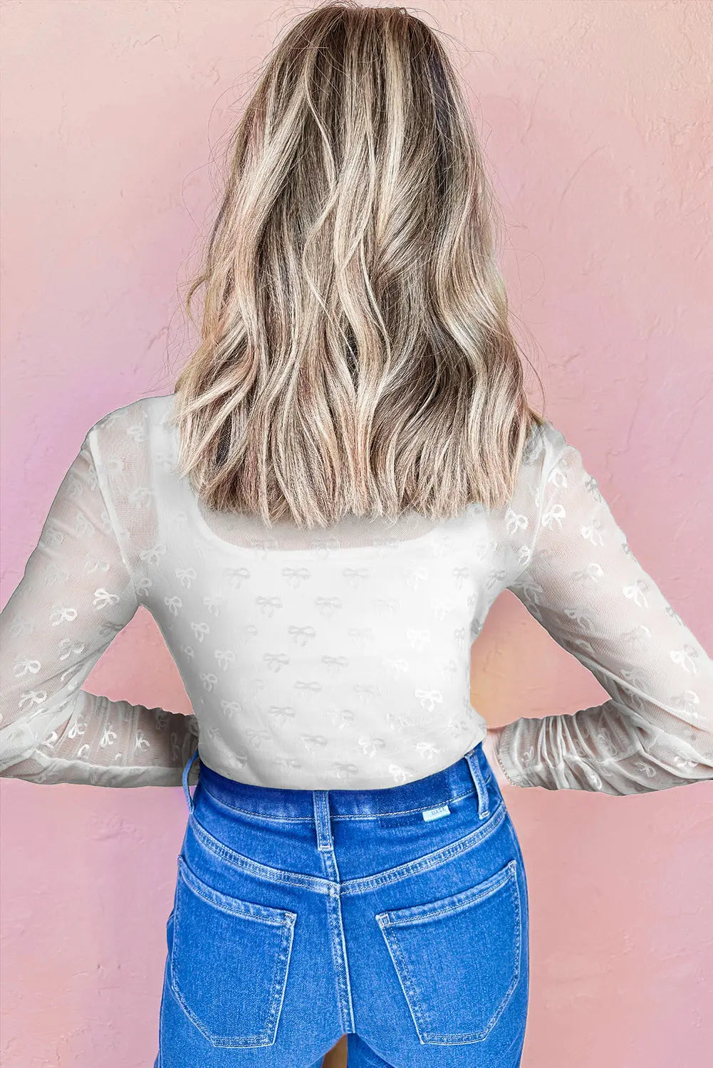 Black Bow Pattern Mesh Long Sleeve Top