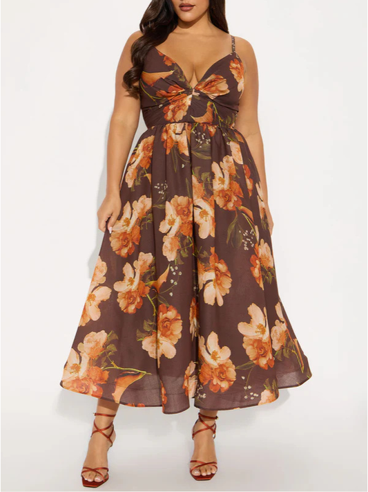 Summer Vacation Casual Spaghetti Strap Floral Print Slim Fit Large Dress Women Clothing Tea Break Dress
