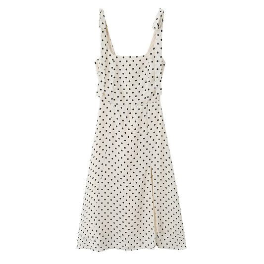 Side Slit Strap Dress for Women Summer French Polka Dot Print Slim Fit Slimming Lace up Suspender Long Dress