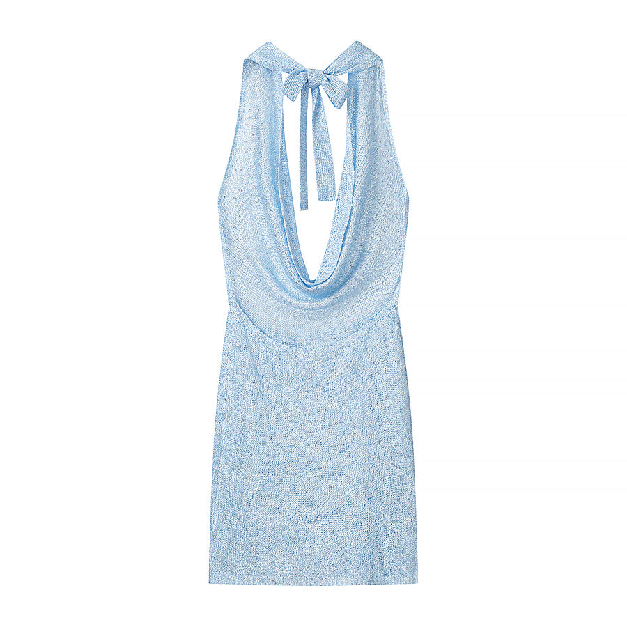 Gorgeous Thin Glittering Knitted Swing Collar Sleeveless Halter Backless Elegant Dress Women Summer Sexy Tight Waist Hip Dress