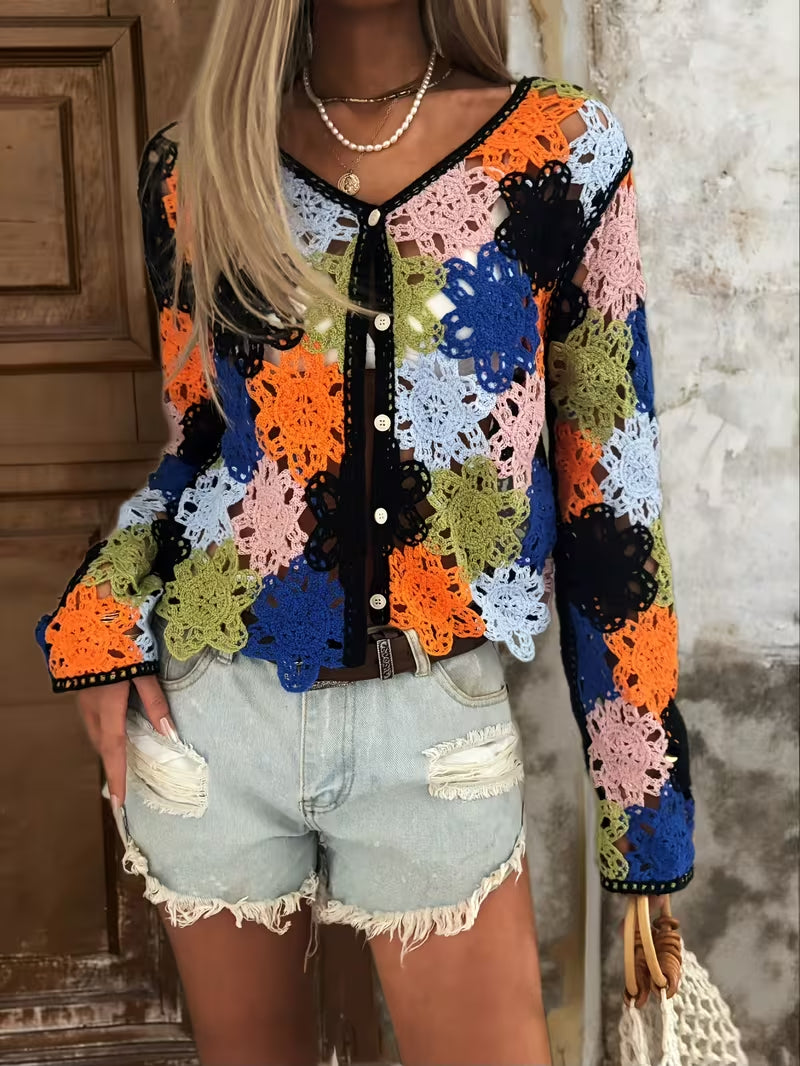 Women Hollow Embroidered Crochet Patterned Bohemian Style Colorful Knitted Cardigan
