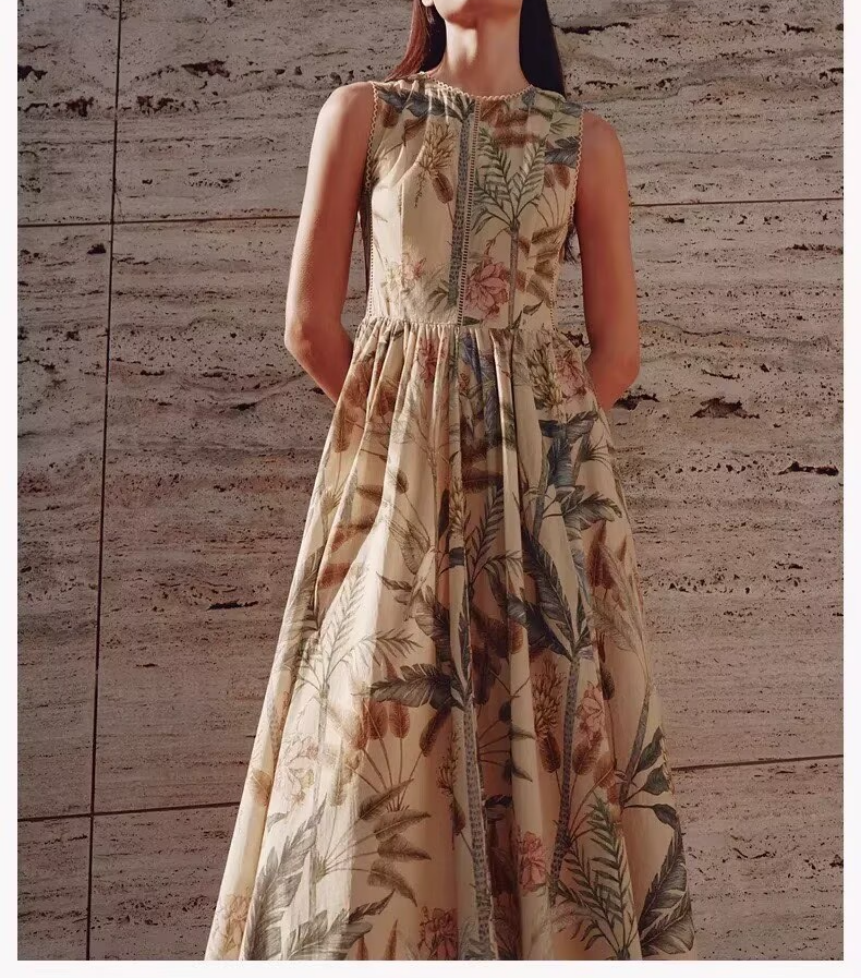 Women Clothing Summer Plant Print Sleeveless Dress