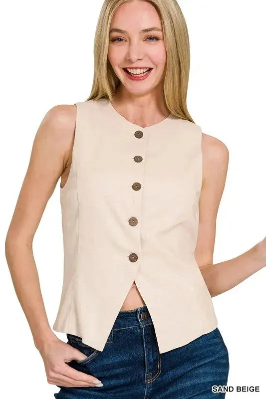 Zenana Beige Linen Button Down Vest