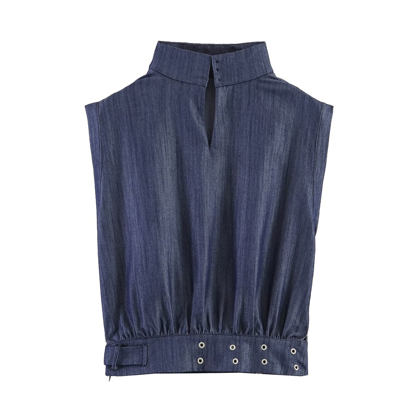 Summer Women Clothes Casual Sleeveless Stand Collar Rivet Buckle Top Wide Leg Trousers