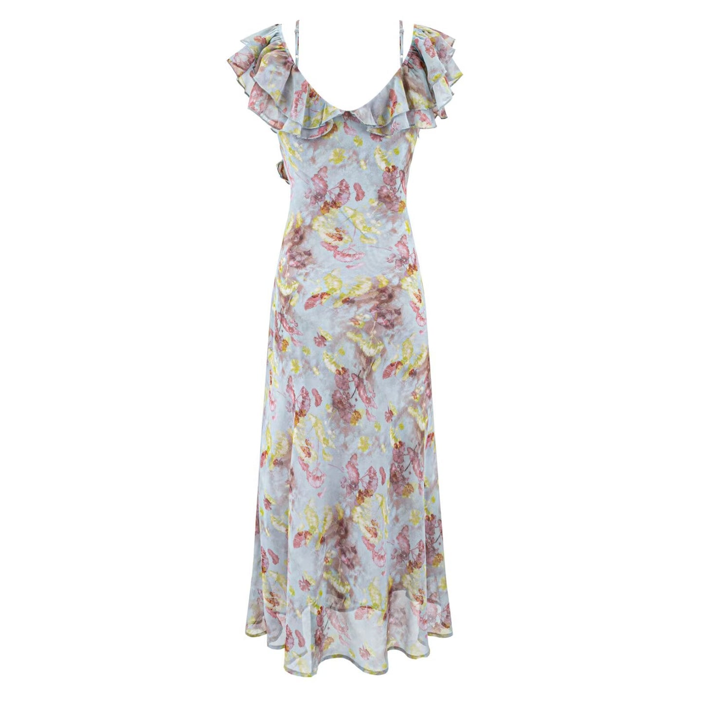 Romantic Floral Short Sleeved Dress Women Summer Tight Waist Beautiful Whitening Gentle Ruffled Collar Oblique Cut Maxi Dress