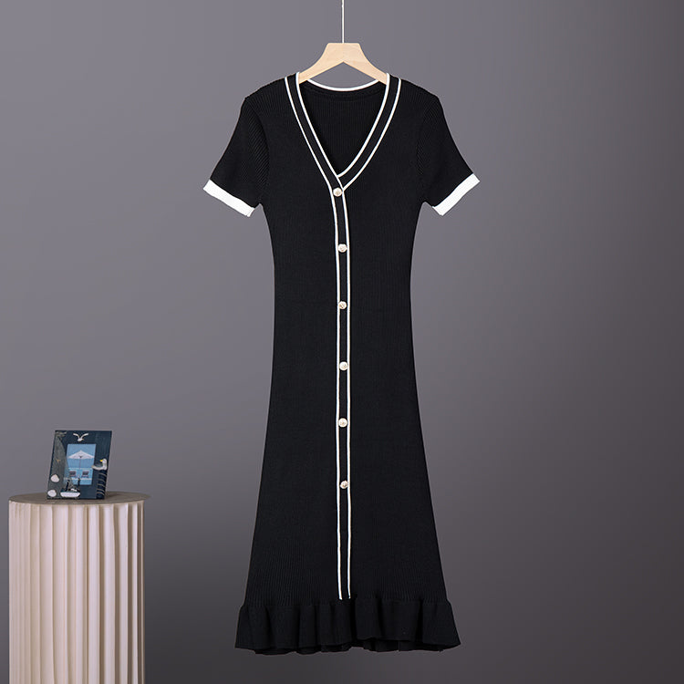 Women V Neck Long Sleeved Single Button Fitted Waistline Knitted Dress Women Autumn Sweater With Fitted Ruffled Dress
