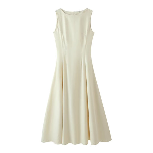 Women Summer Slimming Large Hem Mid Length Round Neck Sleeveless Dress