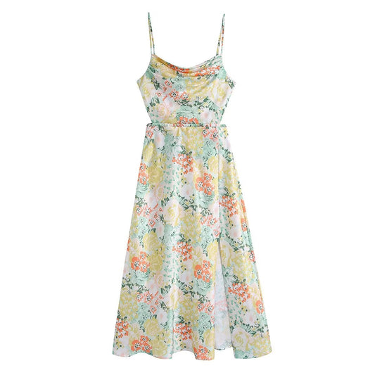 Women Clothing Printed Vacation Maxi Dress Sexy French Backless Strap Dress
