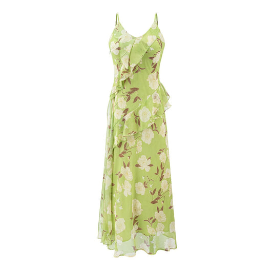 Women Clothing Summer French Gentle V neck Floral Strap Seaside Vacation Dress