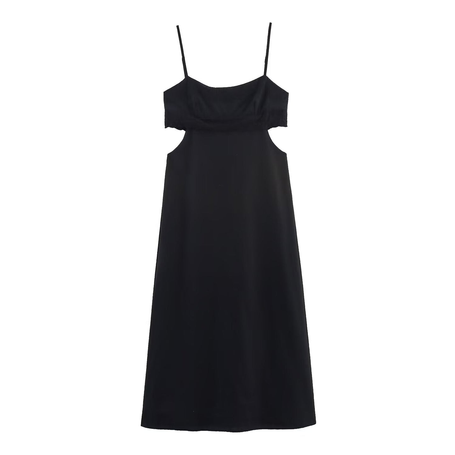 Elegant Black Slim Fit Slimming Lace Stitching Side Waist Split Sling Dress