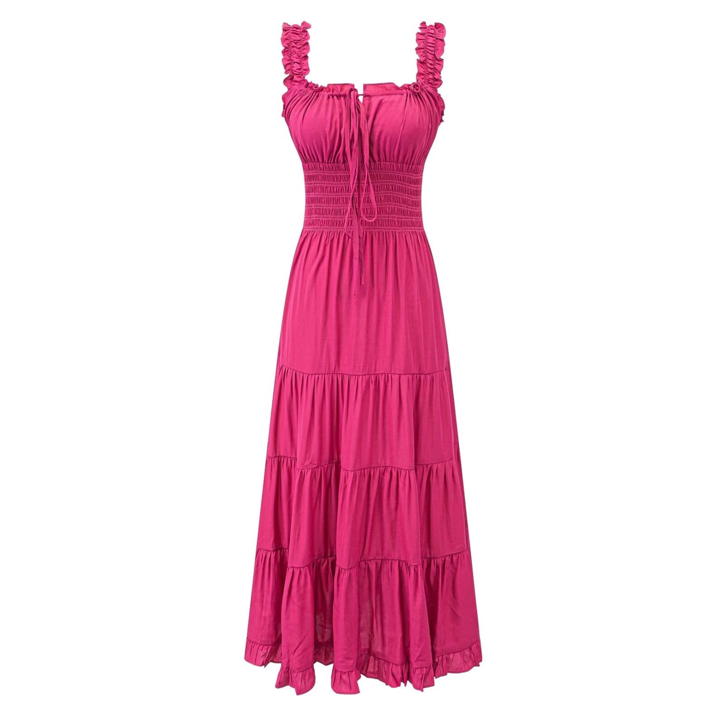 Fairy Dress Seaside Wear Tight Waist Strap Dress Women Summer Beautiful Square Collar Slimming Umbrella Swing Dress