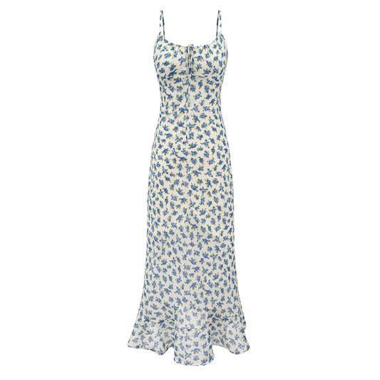 Summer Women Clothing French Romantic Atmosphere Seaside Vacation Printed Maxi Dress Slim Strap Dress