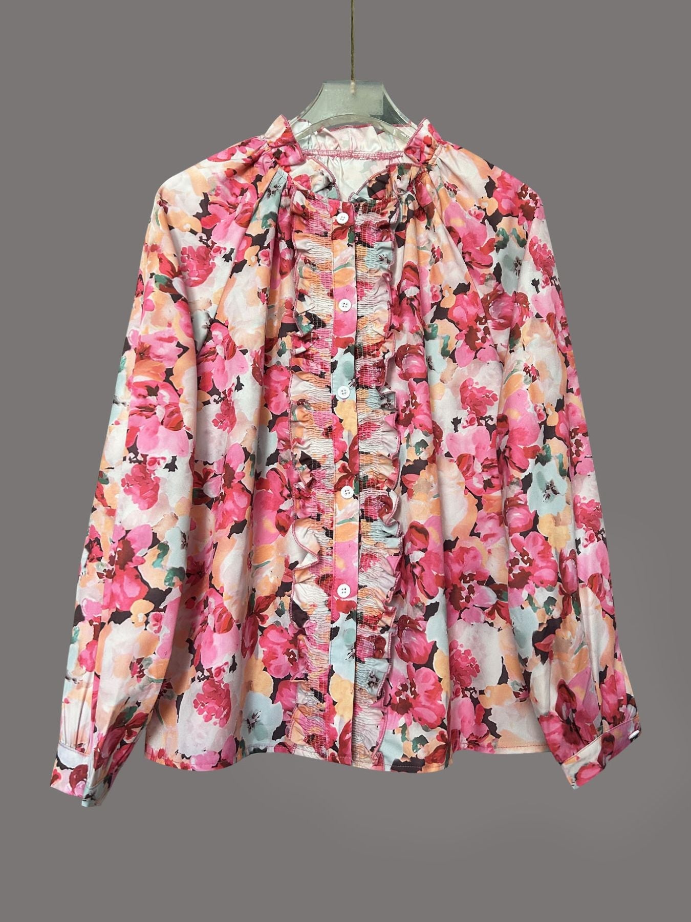 Women's Floral Print Frill Trim Shirt