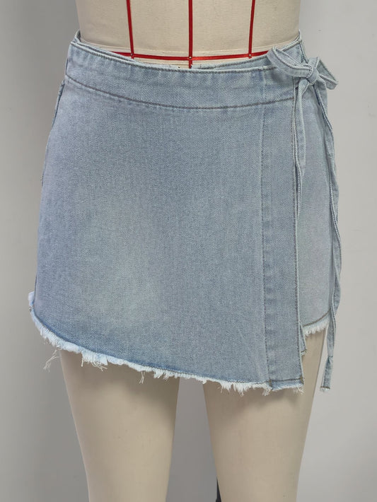 Retro Do the Old Cowboy Short Skirt Side Strap Irregular Asymmetric Raw Hem Culottes